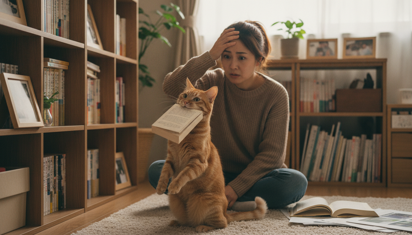 本棚の前で本を咥えている猫と、それを困った顔で見つめる飼い主の様子。リビングの自然光の中、日常の一場面