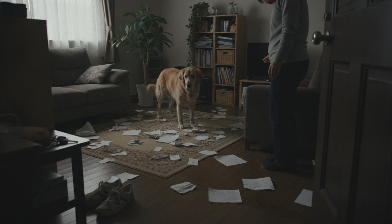 床に散らばった破れた本のページと、部屋の隅で佇む犬。少し薄暗いリビングで、飼い主が帰宅した直後の場面