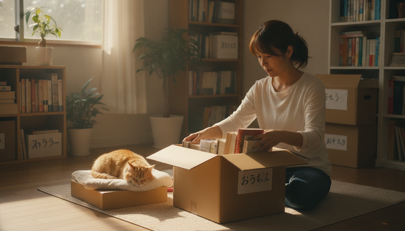 段ボール箱に本を丁寧に詰めている女性と、その足元で寝ている猫。柔らかい日差しの入る部屋で、穏やかな作業風景