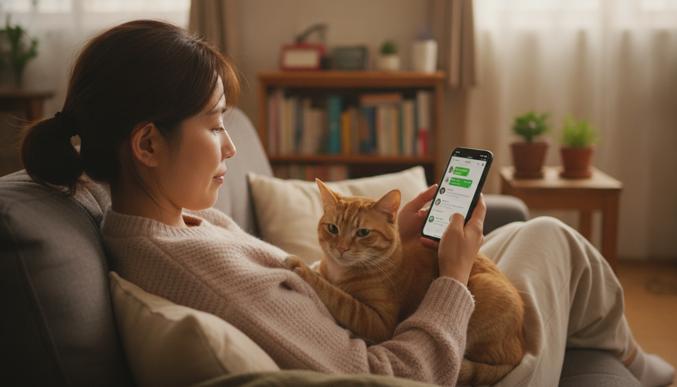 スマートフォンでLINEの画面を見ながら、ソファでくつろぐ女性の膝の上に猫が乗っている様子。リラックスした自宅の雰囲気