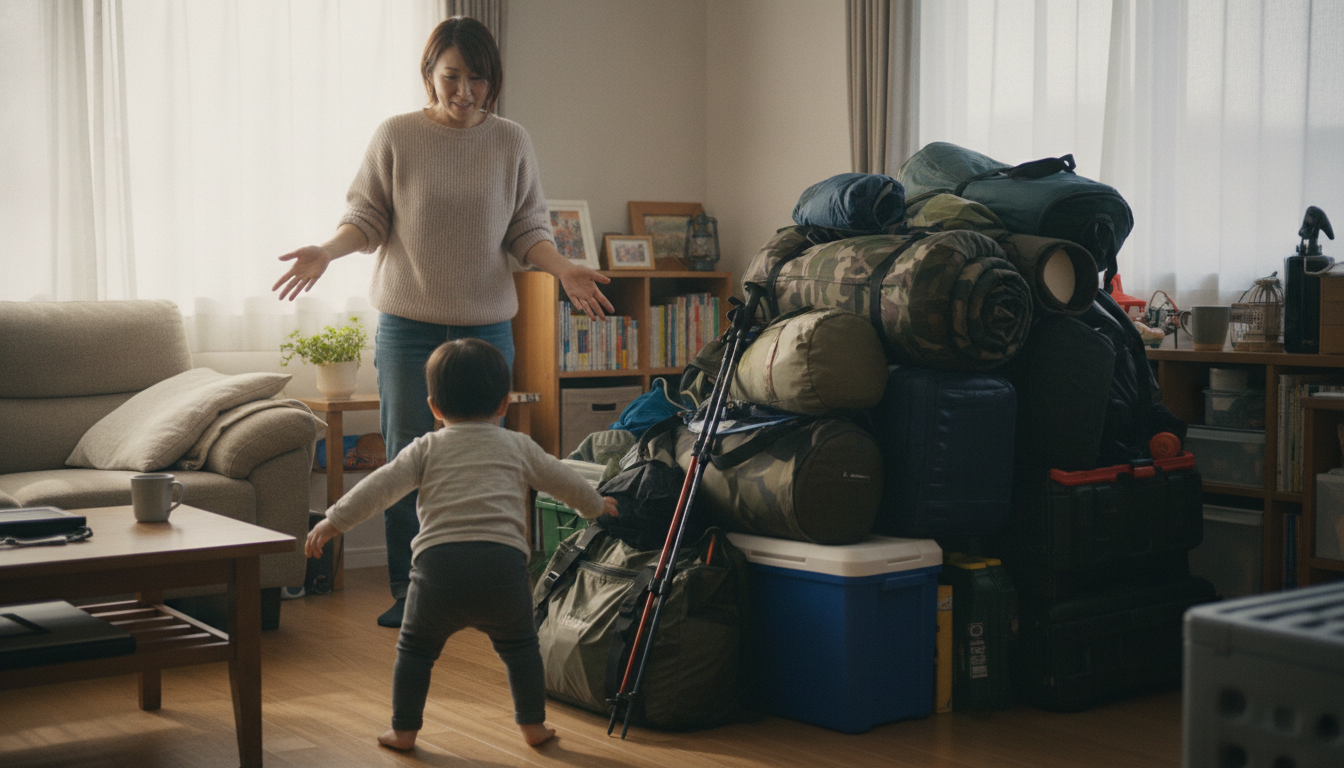リビングの隅に置かれたキャンプ道具の山にぶつかりそうになる小さな子ども、それを見て困った表情の母親。生活動線が塞がれている室内の様子