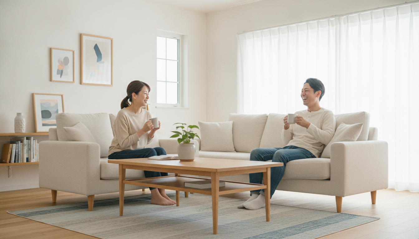 広々としたリビングでコーヒーを飲みながらくつろぐ夫婦。壁際にはキャンプ道具はなく、生活空間としてすっきり整った部屋