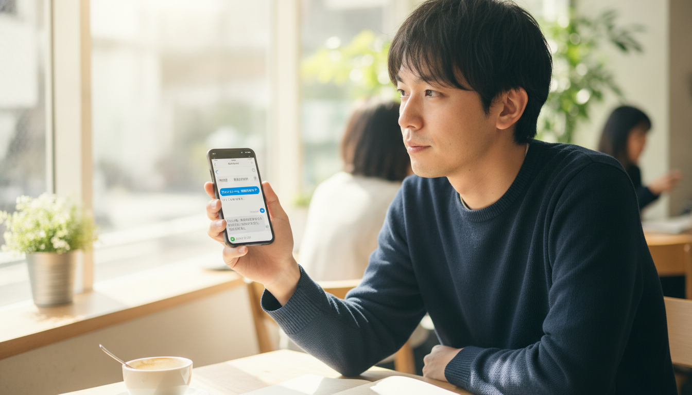スマートフォンでLINEのトーク画面を開き、トランクルームの空き状況を問い合わせている20代の男性。カフェで気軽に相談している雰囲気
