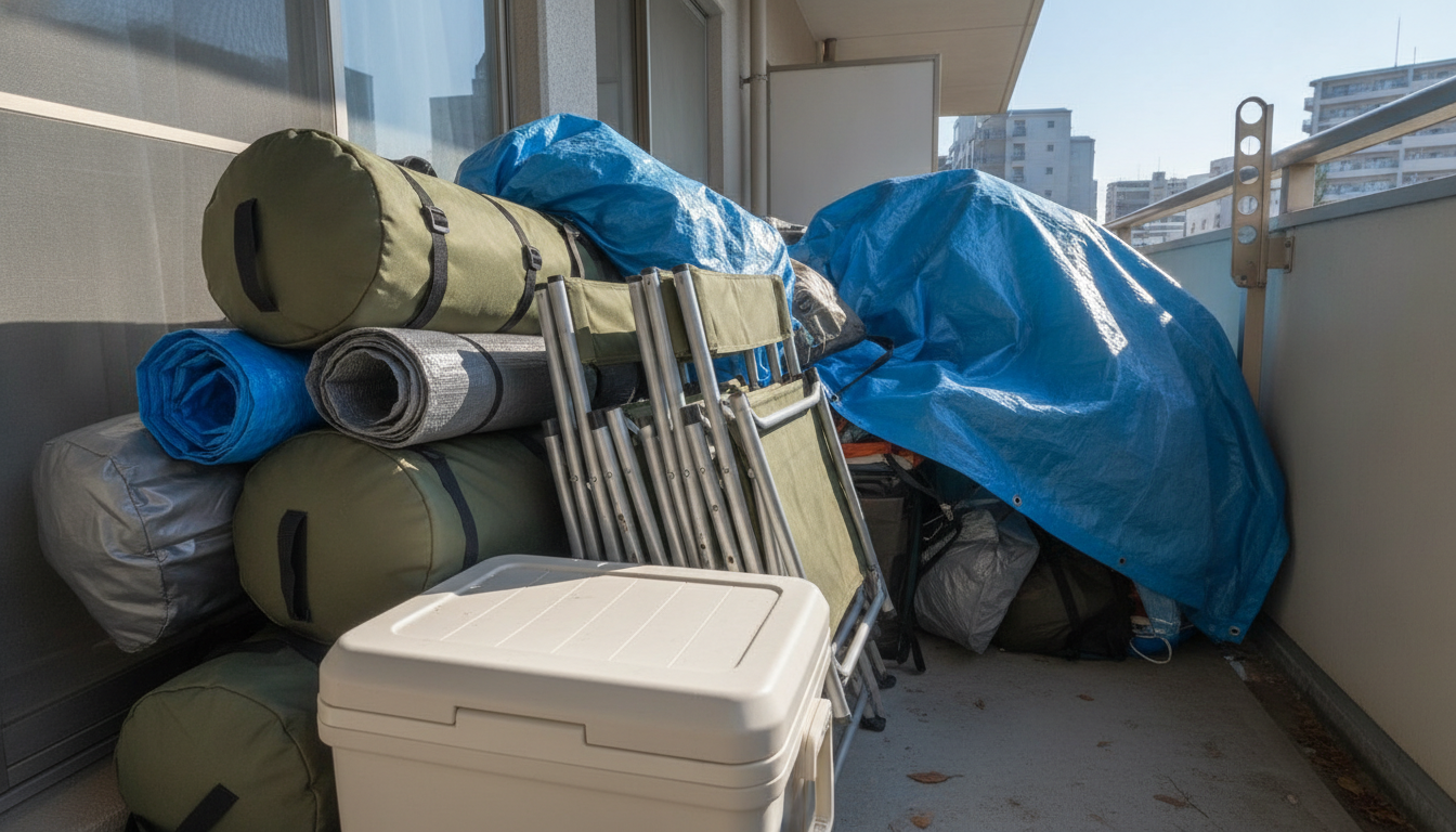 マンションのベランダに積み上げられたテント収納袋、タープ、折りたたみチェア、大型クーラーボックス。奥にはブルーシートで覆われた道具の山があり、生活スペースを圧迫している様子