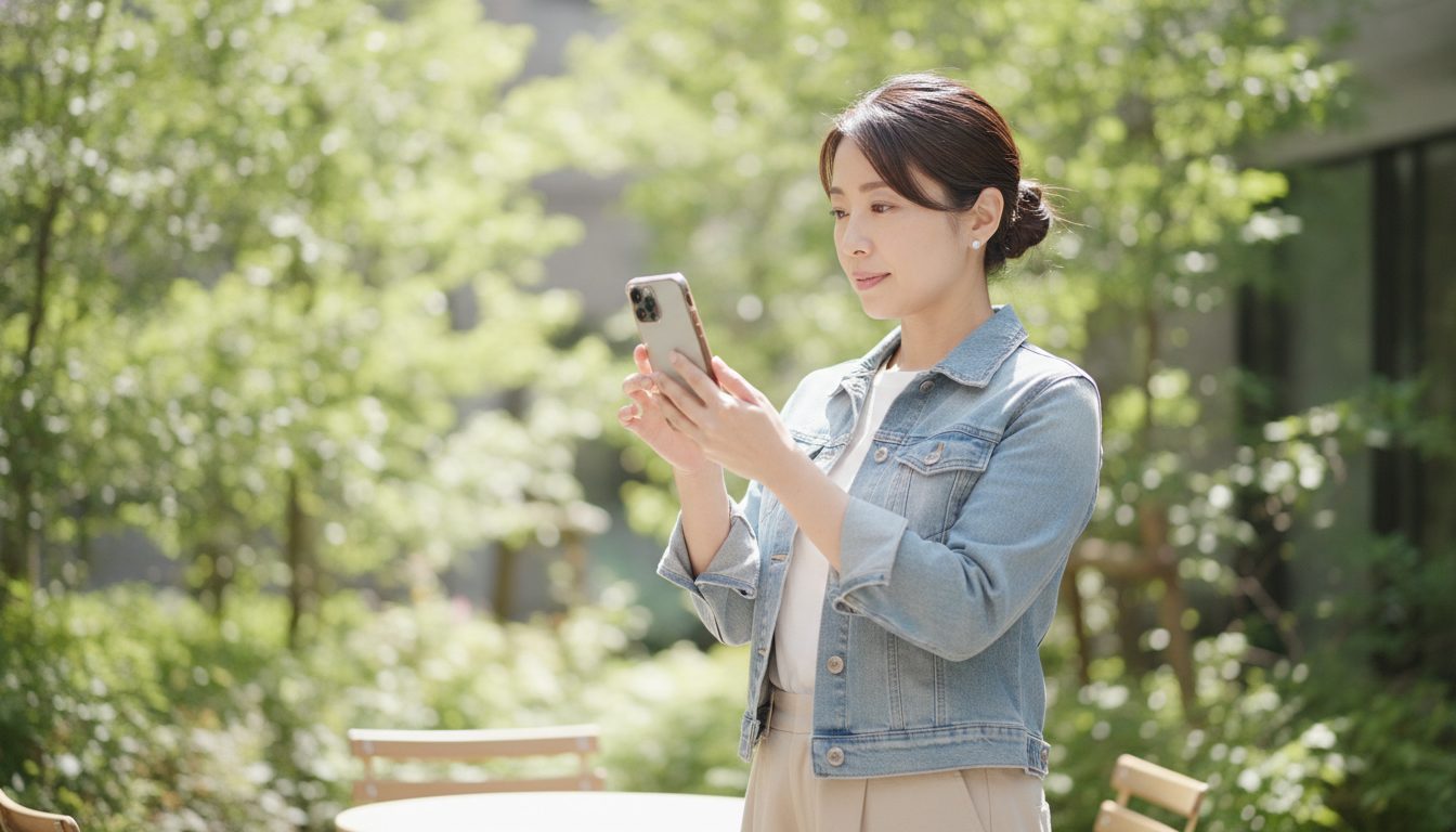 スマートフォンでLINEのトーク画面を開き、トランクルームの空き状況を問い合わせているカジュアルな服装の女性