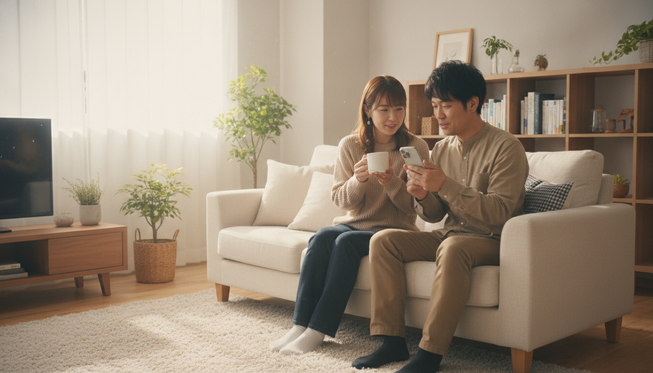 窓から光が差し込む明るいリビングで、ソファに並んで座りコーヒーを飲みながら話をする新婚の男女