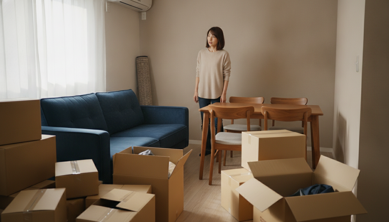 狭くなった新居のリビングで、運び込んだ大きなソファとダイニングテーブルの前で立ち尽くす30代の女性。段ボールが山積みで通路がふさがれている