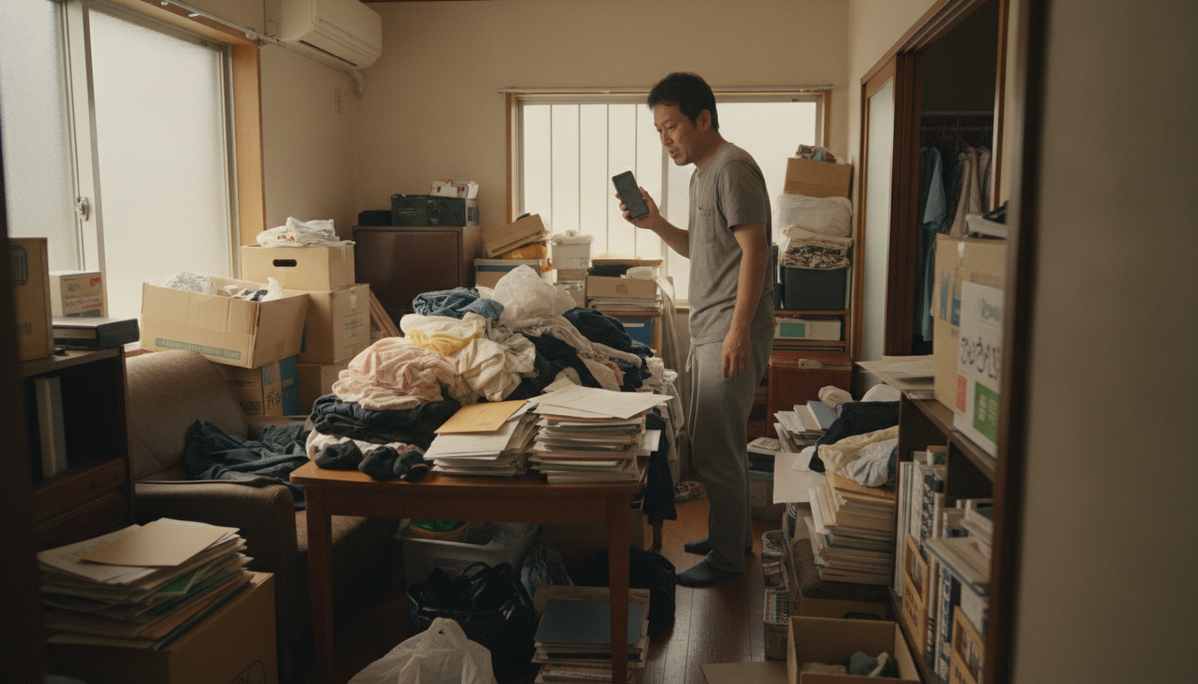 家具が詰め込まれた狭い部屋で、テーブルの上に洗濯物と書類が積み重なり、床のわずかな隙間を歩く男性