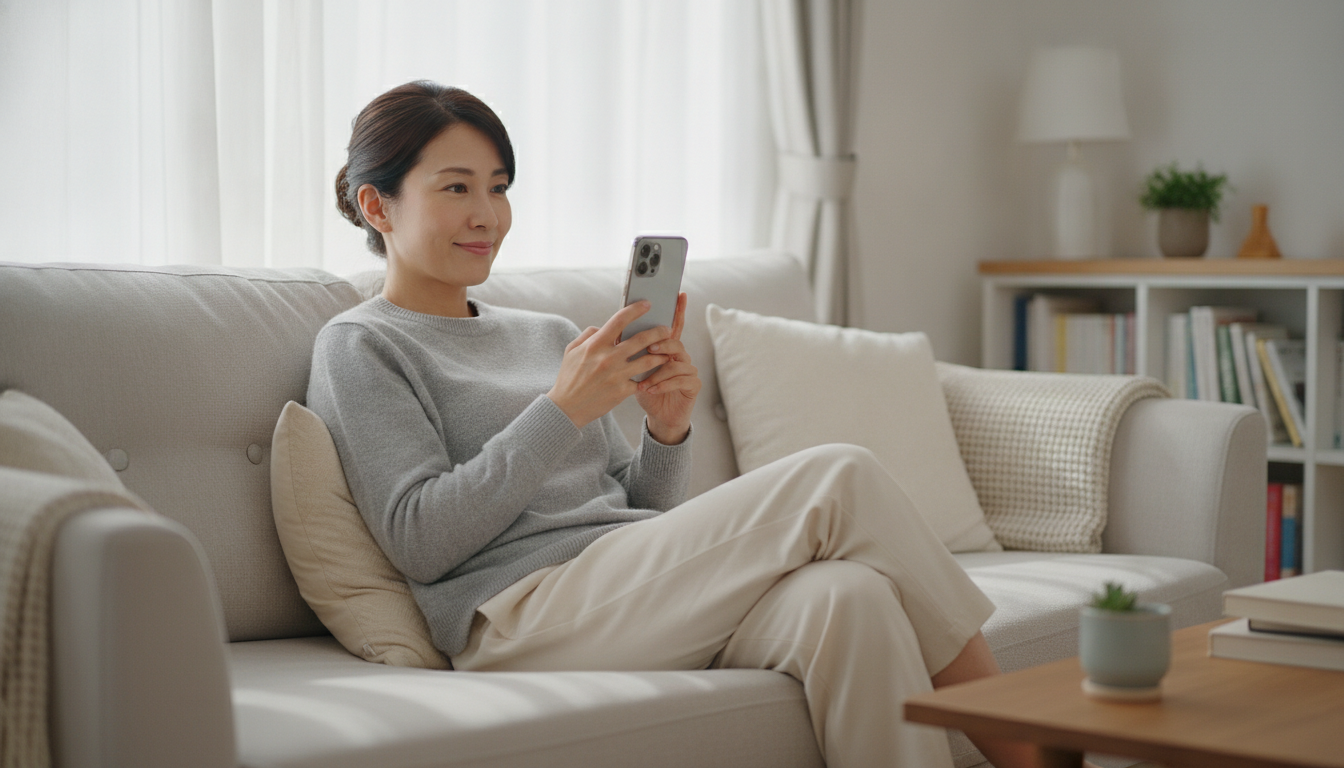 スマートフォンを手にソファに座り、LINEのトーク画面で問い合わせをする30代の女性。リラックスした表情