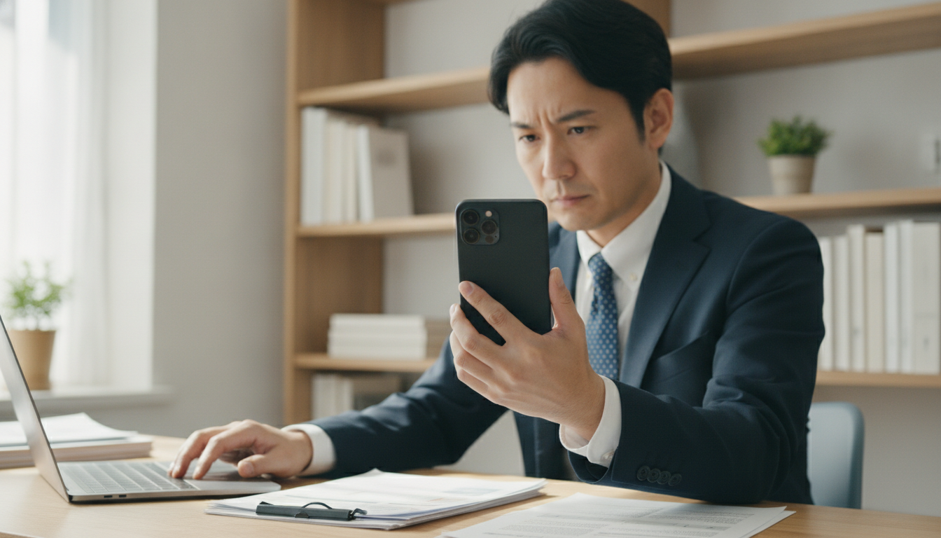 スマートフォンでLINE相談画面を開き、土地活用について問い合わせをする経営者風の男性