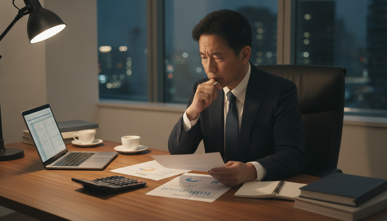 夜のオフィスで受注表と資金繰り表を見比べながら考え込む中年の経営者、机上に電卓とノートパソコン