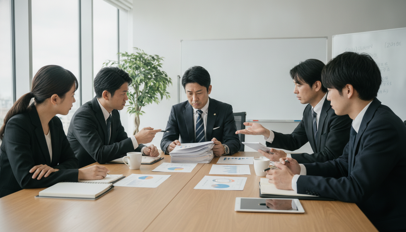 会議室で難しい表情を浮かべる経営者と、投資案件の資料を前に議論する幹部社員たち
