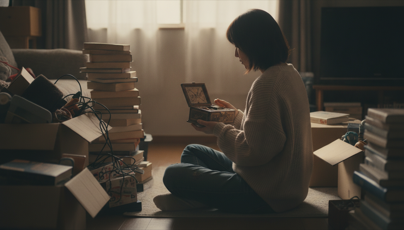 物が積み上がったリビングの床に座り込み、手にした古い雑貨を見つめて手放せずにいる30代女性の後ろ姿。夕方の柔らかい光。