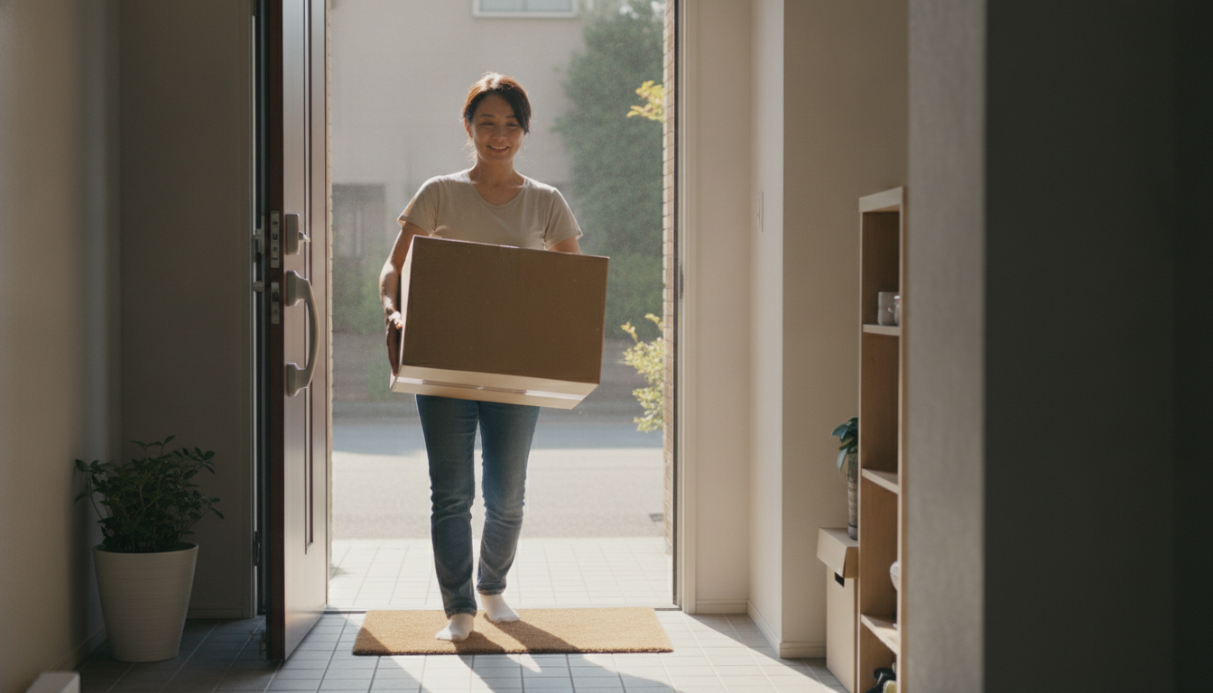 室内の段ボールを両手で抱えて玄関から外へ運び出そうとする女性。表情は少し晴れやかで、背景には片付き始めた部屋。