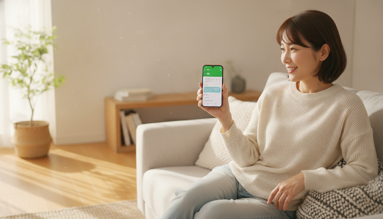 スマートフォンを片手にソファに座り、LINEの画面を見て柔らかく微笑む女性。窓から午後の光が差し込む室内。