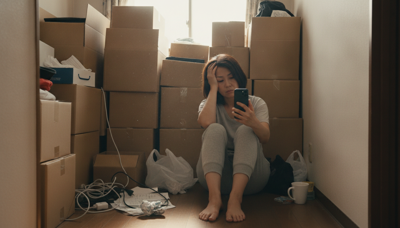 狭くなった部屋の隅に段ボールが積まれ、その前で疲れた表情で座り込む一人暮らしの女性
