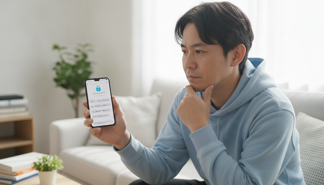 スマートフォンでLINEのトーク画面を開き、トランクルーム会社に気軽に問い合わせている様子