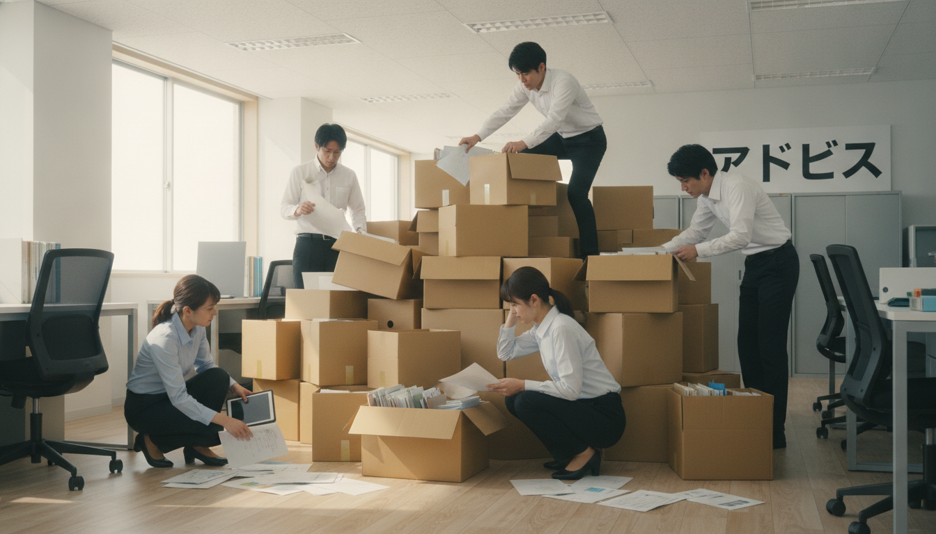 事務所の床に書類の段ボールが山積みになり、通路が塞がれている状態。従業員が書類を探して困っている