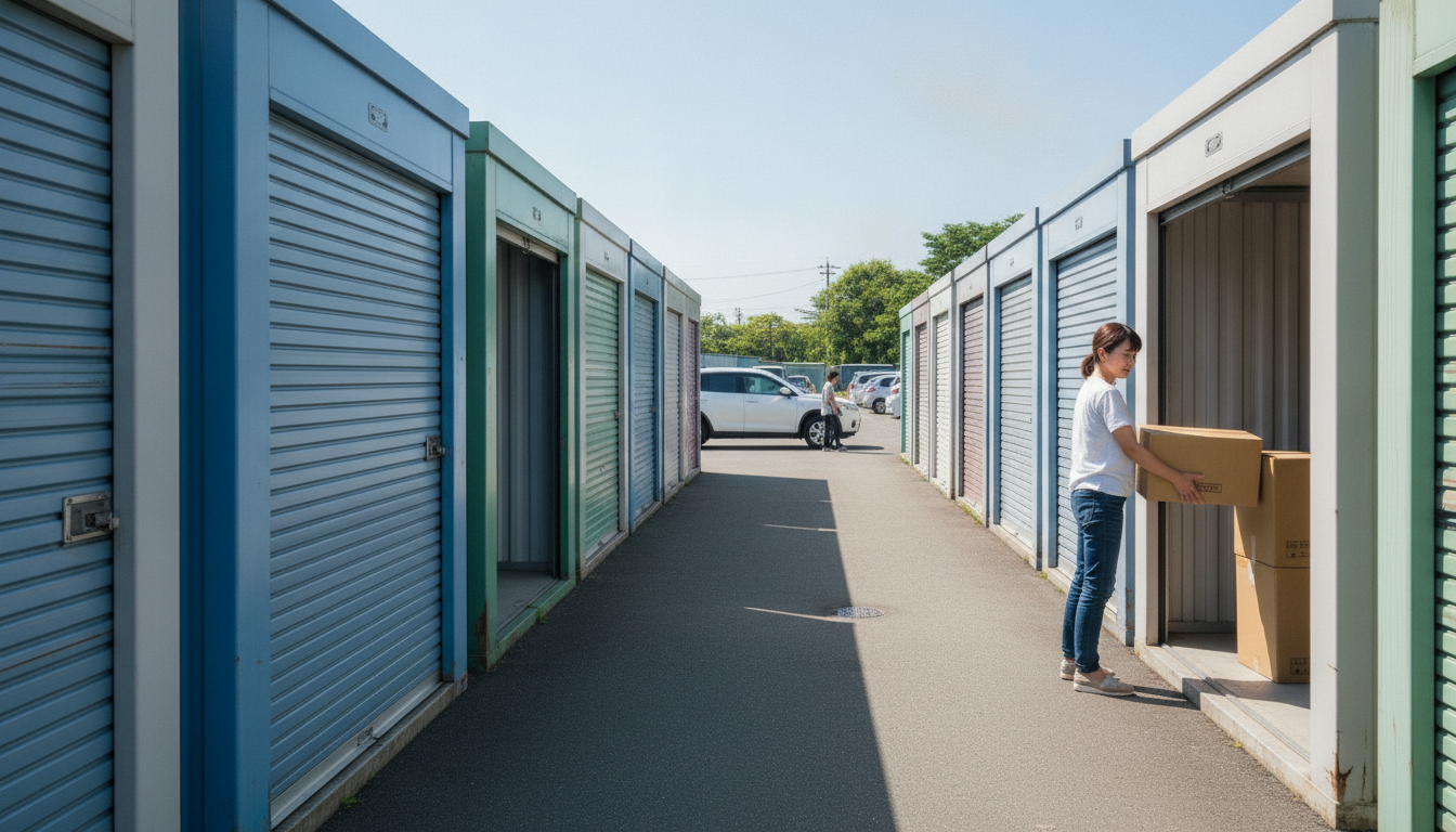 大きな道路沿いに並ぶ屋外コンテナ型トランクルーム。契約者が車をシャッターの前に横付けし、段ボール箱を積み下ろししている