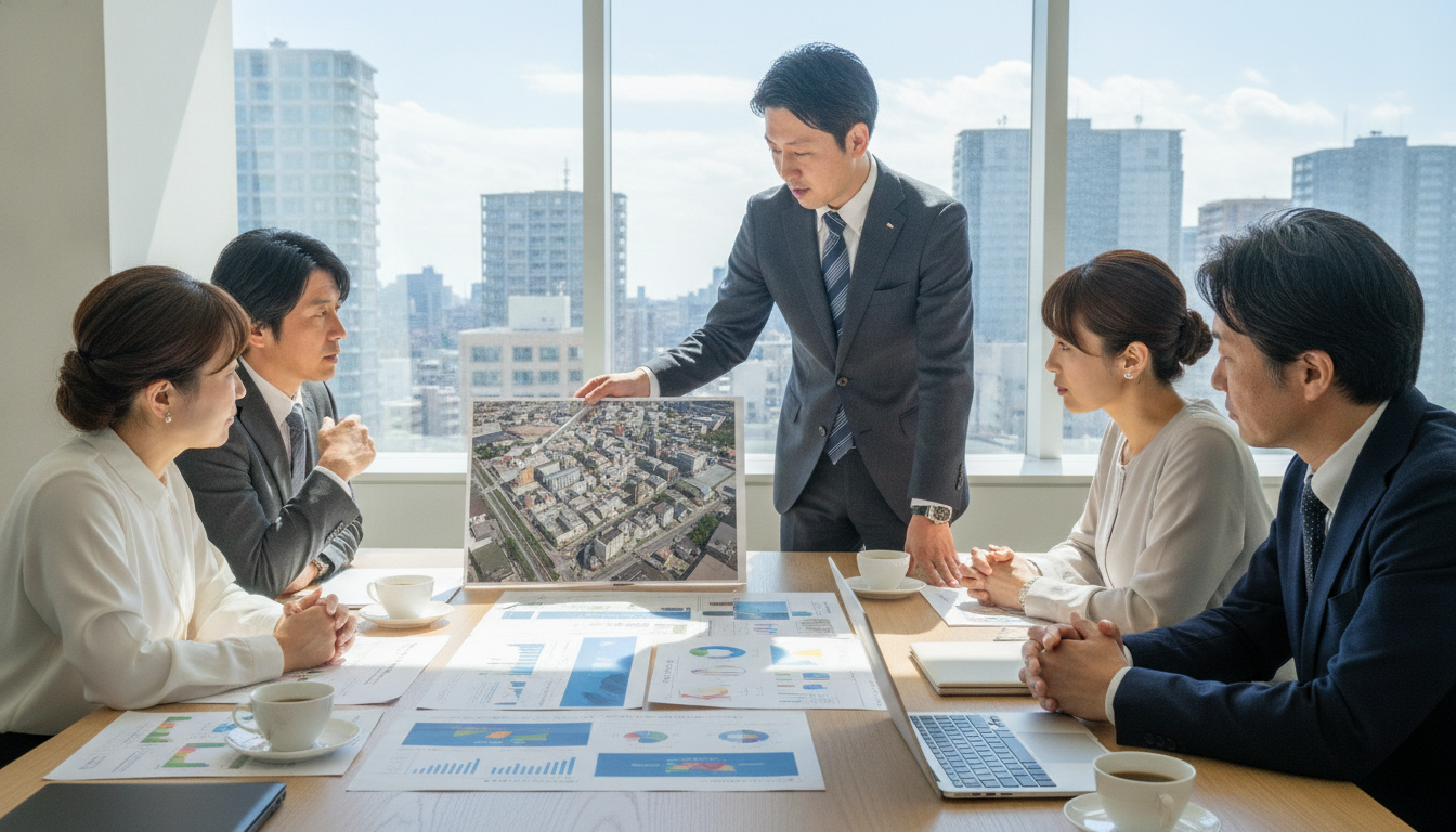 オフィスの会議室で、アドレス賃貸の担当者が土地オーナーに資料を見せながら立地調査の結果を説明している場面。デスクには航空写真や提案書が広げられ、オーナーが真剣に聞き入っている様子
