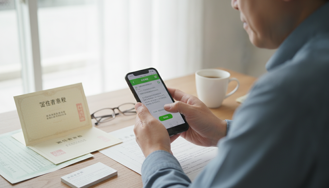 スマートフォンでLINEの友だち追加画面を操作している土地オーナー風の中年男性の手元。デスクには土地の権利書や固定資産税の通知書が置かれ、気軽に相談を始める瞬間