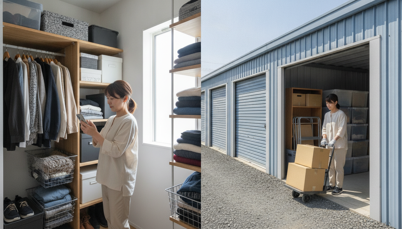 自宅のクローゼットと、少し離れた場所にある屋外コンテナを行き来しながら荷物を整理している人物