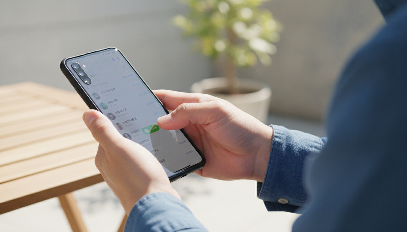 スマートフォンでLINEのトーク画面を開いて友だち追加ボタンを押そうとしている人の手元