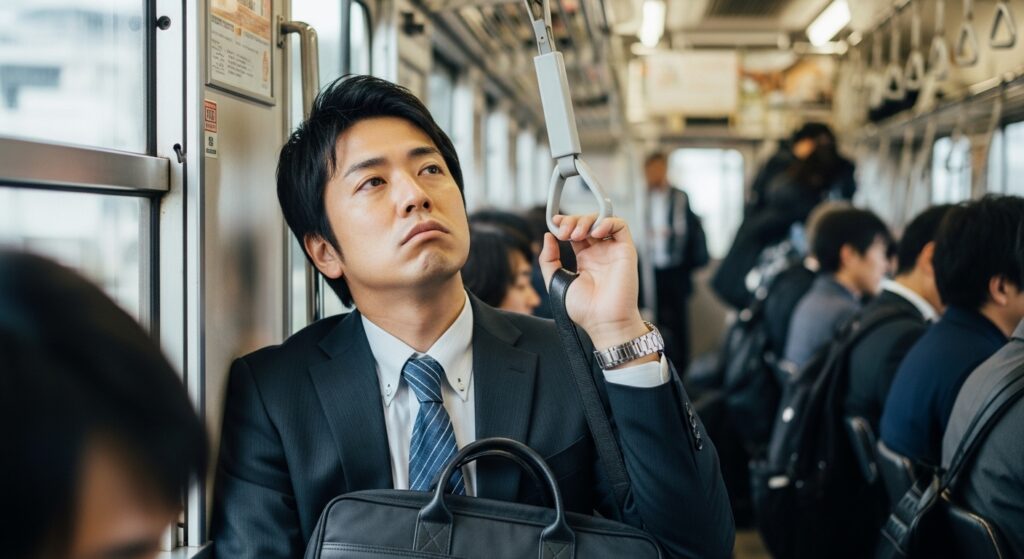 早朝の満員電車の中で、疲れた表情でつり革につかまりながら窓の外をぼんやり眺める30代の男性会社員。スーツ姿で肩にはビジネスバッグ、周囲は同じように無表情の通勤客
