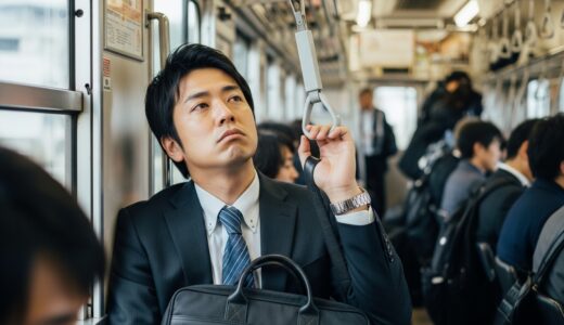 早朝の満員電車の中で、疲れた表情でつり革につかまりながら窓の外をぼんやり眺める30代の男性会社員。スーツ姿で肩にはビジネスバッグ、周囲は同じように無表情の通勤客