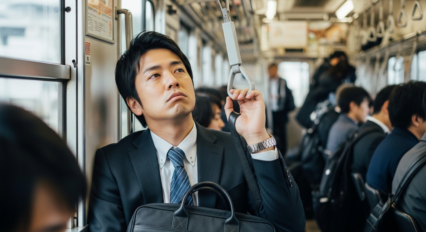 早朝の満員電車の中で、疲れた表情でつり革につかまりながら窓の外をぼんやり眺める30代の男性会社員。スーツ姿で肩にはビジネスバッグ、周囲は同じように無表情の通勤客