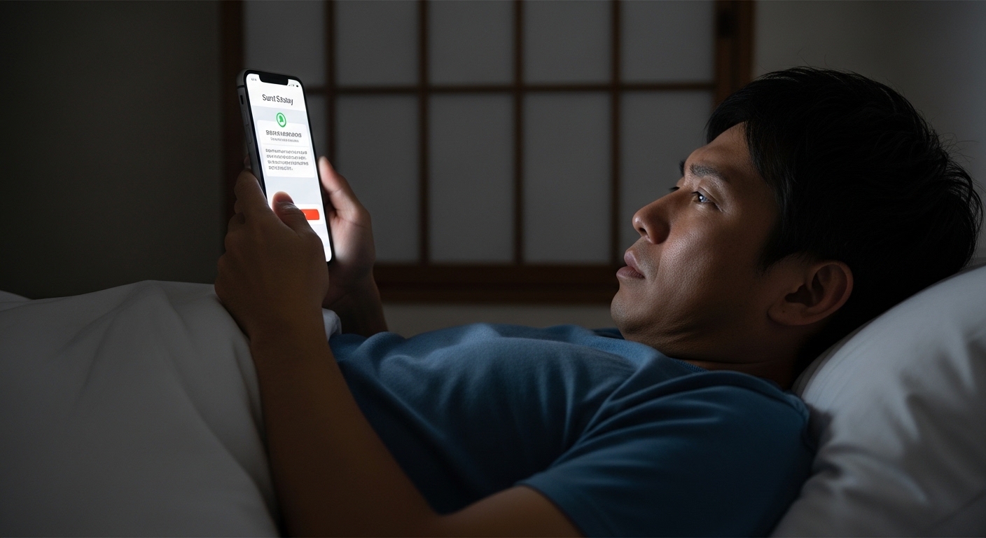 日曜日の夜、暗い部屋のベッドに横たわりながらスマホの画面を見つめる30代男性。画面には翌日のスケジュール通知が表示され、表情にはため息と諦めが漂う