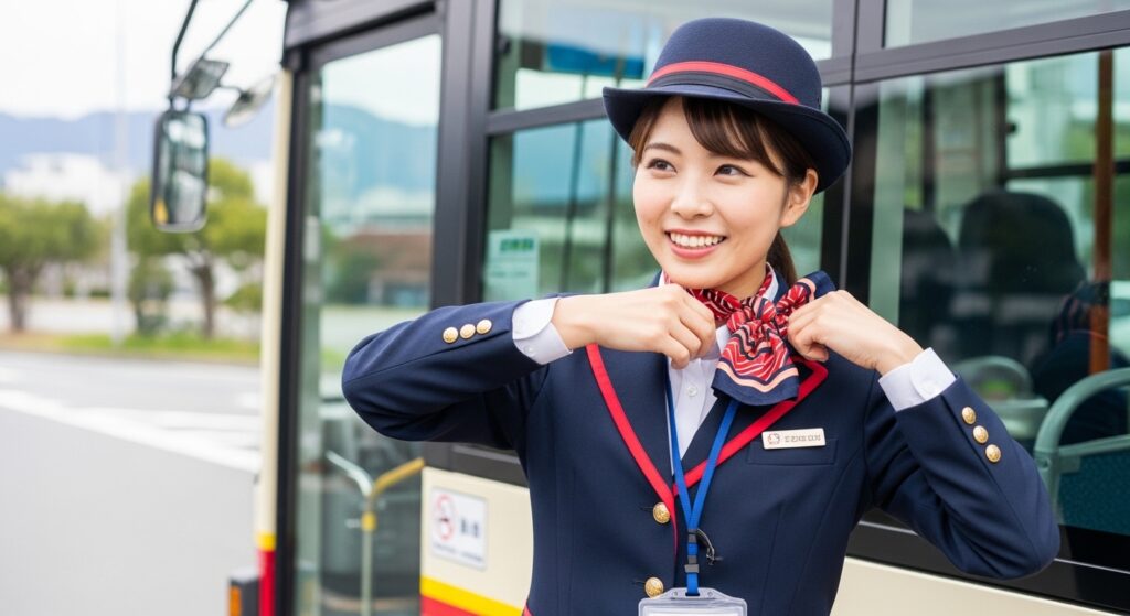 制服を着て明るい表情でバス乗務前の準備をする女性乗務員