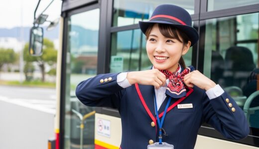 制服を着て明るい表情でバス乗務前の準備をする女性乗務員