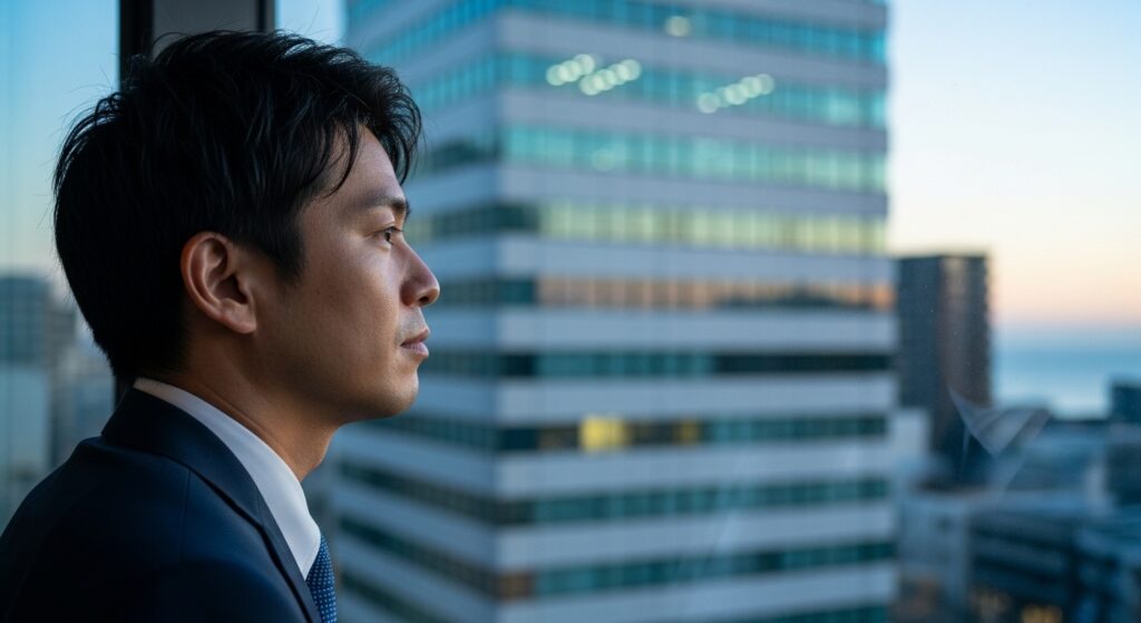 夕暮れの都会のオフィスビルを窓越しに眺めながら、地元の海辺の風景を思い出している30代男性の横顔