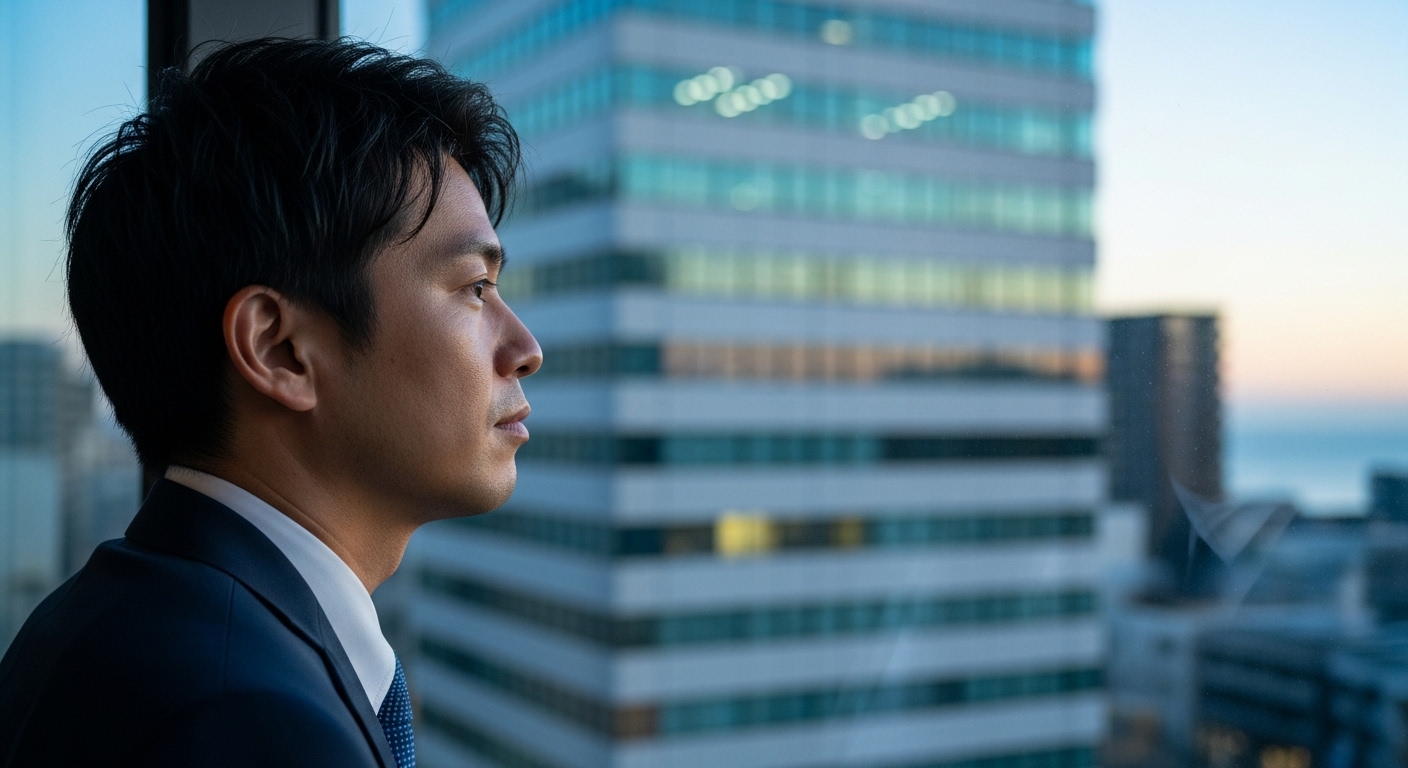 夕暮れの都会のオフィスビルを窓越しに眺めながら、地元の海辺の風景を思い出している30代男性の横顔