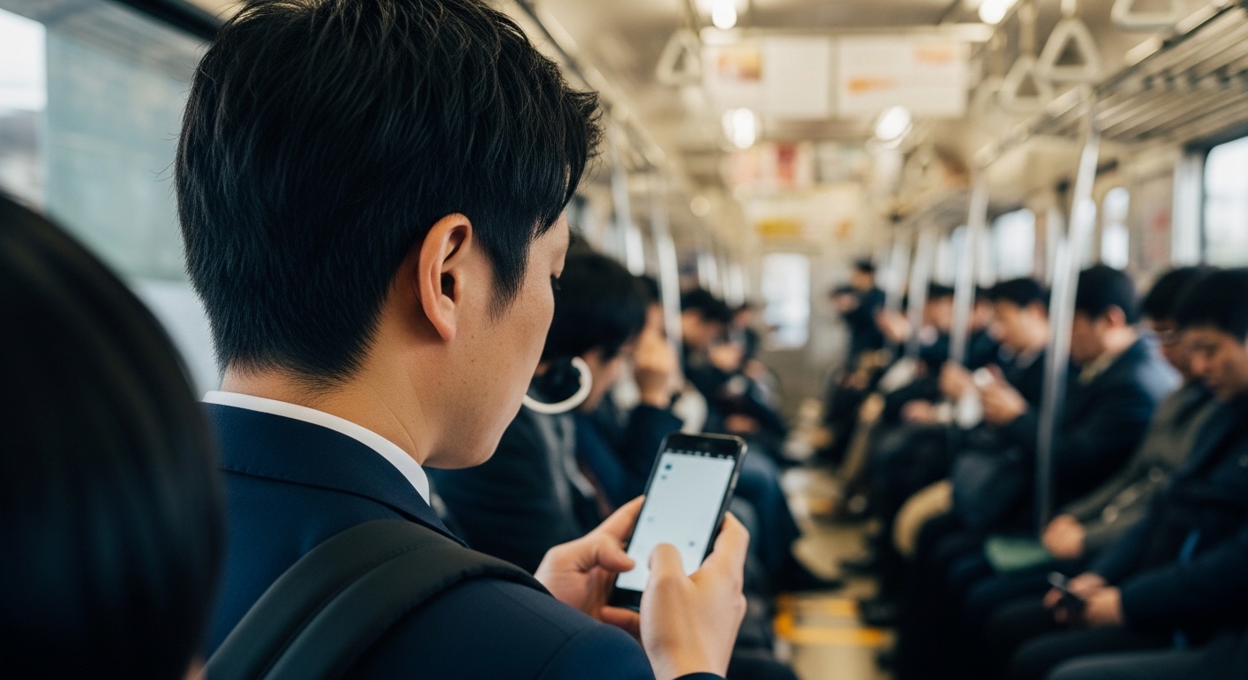 満員電車の中でスマホを見ながらため息をつく30代後半のサラリーマンの背中