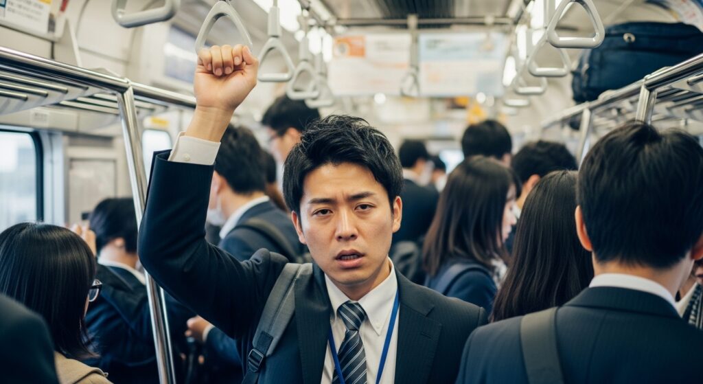 満員電車の中で疲れた表情でつり革につかまる30代男性会社員