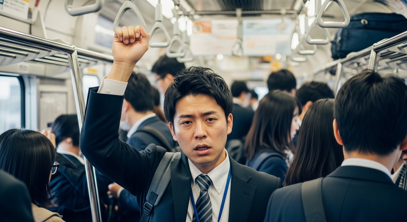満員電車の中で疲れた表情でつり革につかまる30代男性会社員