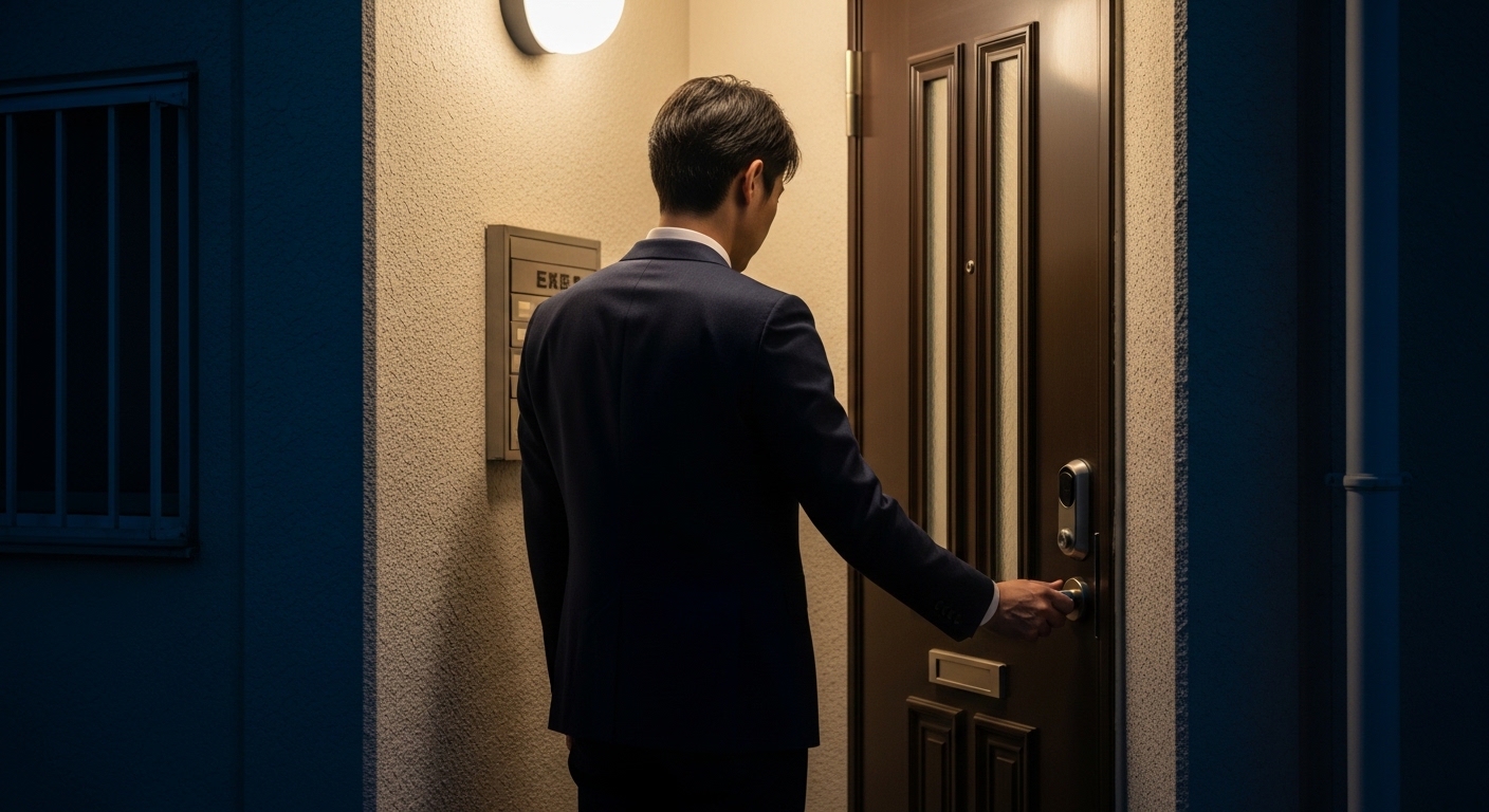 夜遅く疲れ切った表情で玄関のドアを開ける会社員の後ろ姿