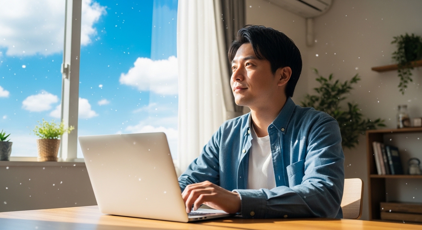 自宅のリビングでノートパソコンを開きながら、窓の外に見える青空と新しい生活について考える30代男性