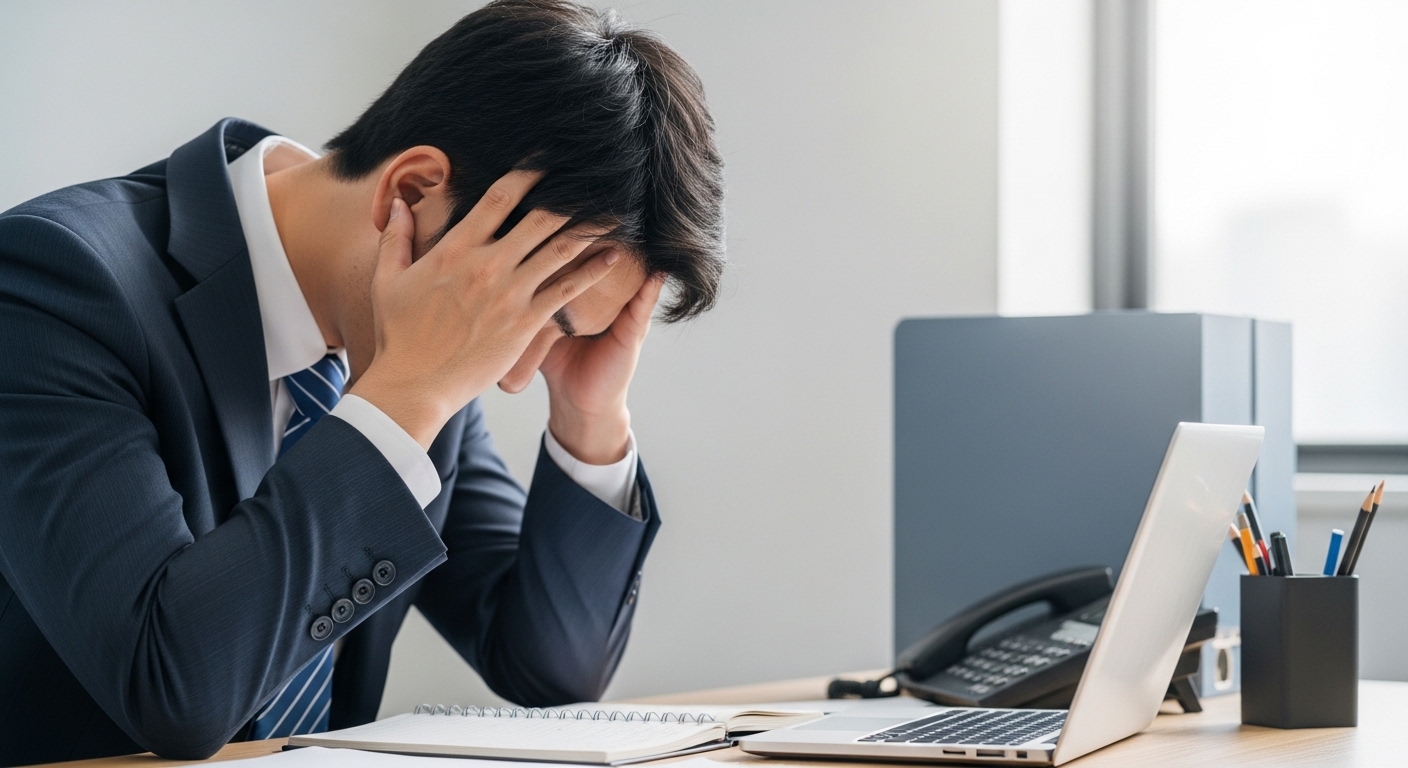 デスクで頭を抱えながら疲労感に悩む30代男性会社員の姿