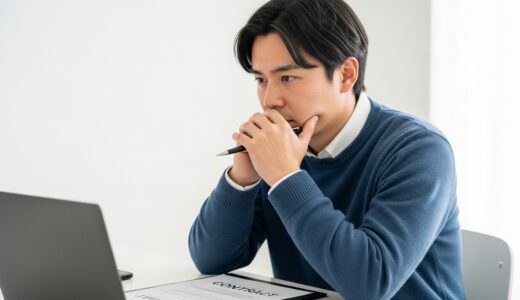 デスクで契約書類を前に不安そうな表情で考え込む30代男性