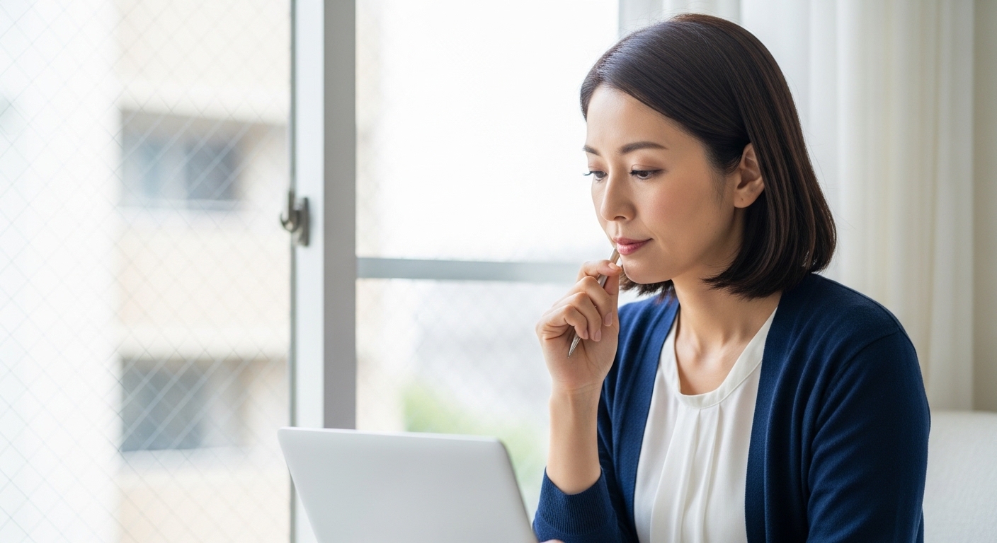 窓際で将来の生活設計について真剣に計算している40代女性