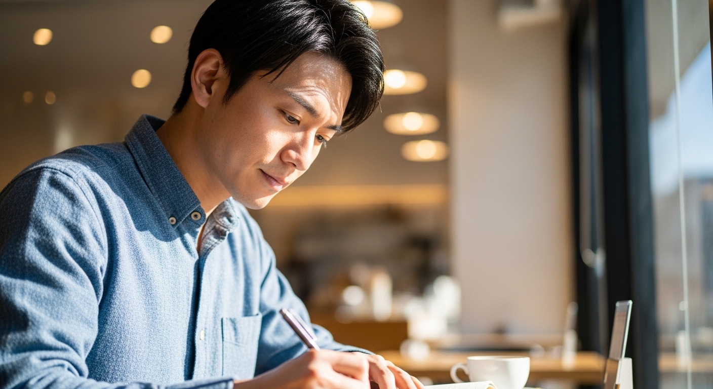 カフェでノートに今後のキャリアプランを書き出している30代男性