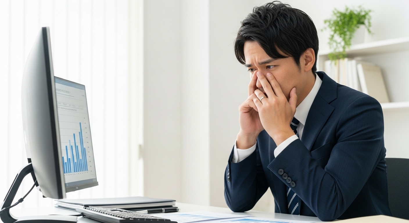 オフィスのデスクで売上データを見ながら将来への不安を感じる30代男性会社員