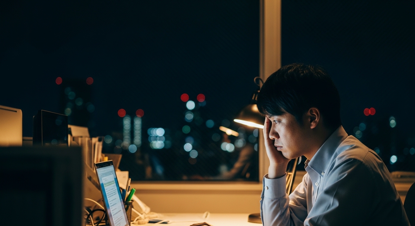 夜遅いオフィスで疲れた表情でパソコンに向かう会社員、窓の外は真っ暗