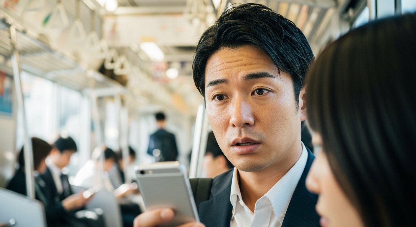 朝の通勤ラッシュの電車内で疲れた表情でスマートフォンを見つめる30代男性