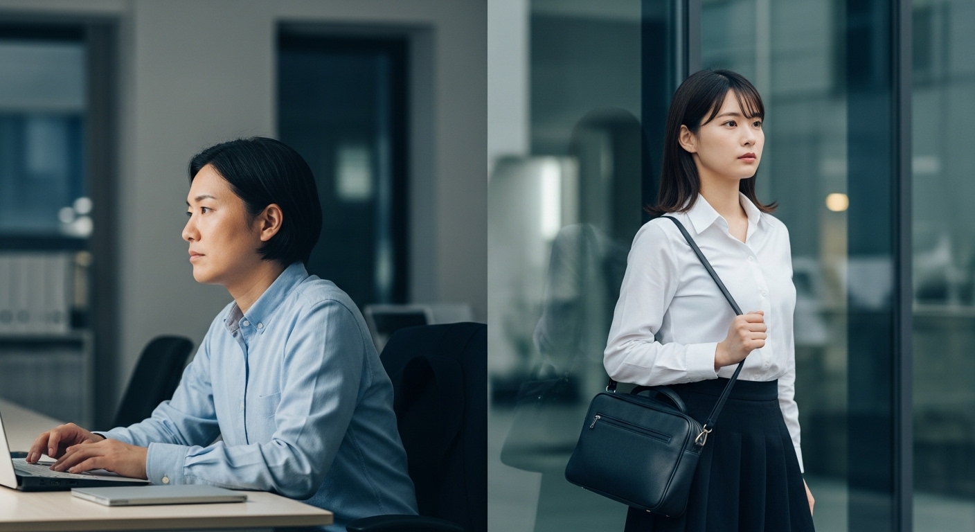 夜遅くのオフィスで一人残業をしながら窓の外を見つめる疲れた表情の会社員