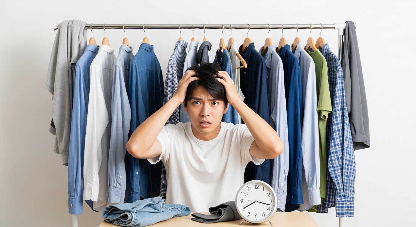 朝のクローゼットの前で仕事着選びに悩む30代男性、時計を気にしながら焦った表情