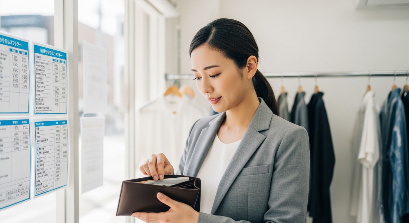 疲れた表情でクリーニング店の料金表を見ながら財布を確認する女性会社員